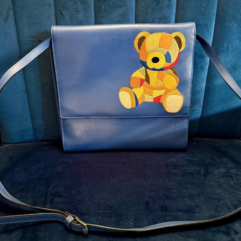 Dissona Blue Leather Teddy Bear Shoulder Bag – 10” Wide. Chic & Playful